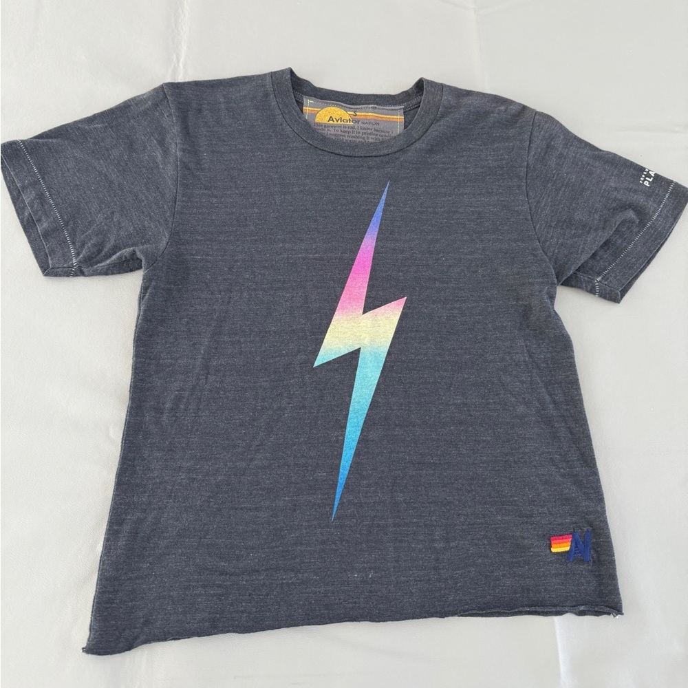 Aviator Nation Charcoal Tee with Rainbow Lightning Bolt - size small